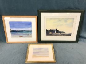 Three framed and signed coastal watercolours - KT Chalmers titled The Watchouse, John Machin beach