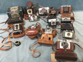 A collection of miscellaneous old cameras - leather cased, Ilford, Brownie Reflex, Kodak, Pronto