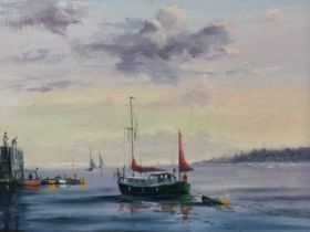 Ian Dryden? oil on board, estuary view with sailboats and figures on quayside, signed