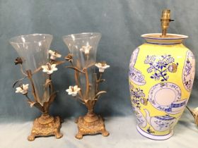 A chinoiserie ceramic tablelamp decorated with tea wares on yellow ground; and a pair glass