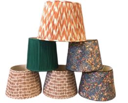 Six designer lampshades, including a pair of Pentreath and Hall hand marbled paper shades, a pair of