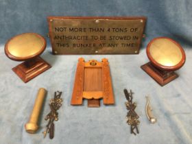 A collection of maritime gear - a pair of oval HMS Cardiff & HMS Drake engraved plaques on oak