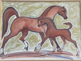 Terry Barron Kirkwood, pastel and watercolour on gilt ground, mare & foal, signed with initials, and