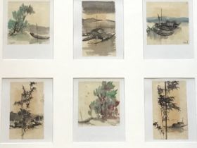 A framed set of fine oriental pen & ink watercolours, boats in water landscapes, laid down and
