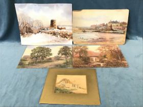 Five miscellaneous unframed watercolours - two rural views signed LGI, Sara Kennedy 1897 of