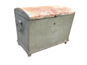 A C19th painted metal sarcophagus shaped strongbox, with domed cover, the sides with cast iron