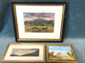 Watercolour, landscape with cattle, signed with monogram MG, mounted & framed; a gilt framed oil