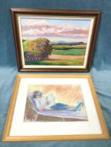 Oil on board, extensive landscape with trees, signed with initial G, framed; and a pastel study in