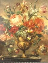 C20th oil on board, old master style vase of flowers on a table, unsigned, in Dutch style ebonised