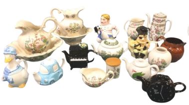Miscellaneous ceramics including novelty teapots, two jug & basin sets, an Adams English Scene