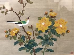 Chinese watercolour on silk, bird in tree with blossom foliage, signed with chomp mark, mounted