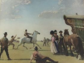 Alfred Munnings, lithograph, gypsies and horses beside a caravan titled Gypsy Life, published by