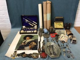 Miscellaneous collectors items including commemorative horse brasses, a hallmarked silver brush &