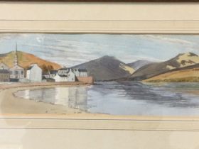 Watercolour, coastal estuary view with church & village, unsigned, Jarrolds label to verso,