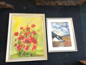 N Newbigging, oil on board, study of poppies, signed & framed; and Jan Botterell, acrylic on