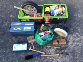 Miscellaneous tools and accessories including a steel toolbox, an electric buffer, a tape measure,