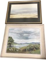 AJ Cartmel-Crossley, watercolour, coastal view with islands, signed, mounted & framed; and an oil on