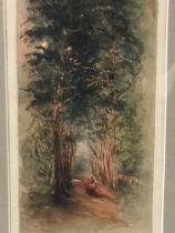 Nineteenth century watercolour, figure on path in avenue of trees, unsigned, laid down, mounted &