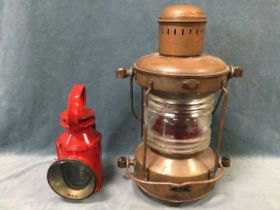 A copper ships foremast lantern by Ahlemann & Schlatter Bremen with fresnel lens and red filter -