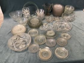 Miscellaneous glass bowls and plates including sets, sundae dishes, star cut, a fluted jug, entré