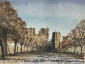 Rolam? watercolour, Alnwick Castle Bailiffgate and Barbican, signed indistinctly, mounted &