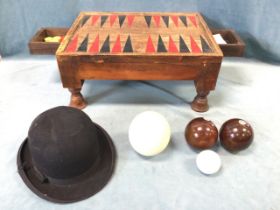 A drafts/backgammon table with tray top on turned legs with two drawers holding pieces; a Christy