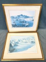 C Lanfear, coloured prints, a pair, eastern water-landscapes - Muscat and Muttrah Corniche, signed