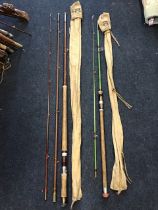 A Milbro 8ft Spinwell fibreglass spinning rod; and a Milbro Verre 13ft two-handed three-piece salmon