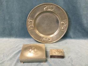 A Danish art deco hammered pewter charger by Gerotin, the border embossed with panels of fruit -