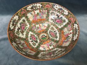 A large C20th Chinese Canton rose and mandarin pattern punch bowl, painted all over with panels of
