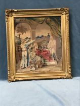 A Victorian woolwork tapestry picture with classical figures in a loggia, in a period gilt frame. (