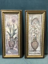 A pair of Victorian style floral prints, in gilt and woodgrained frames. (17.5in x 41.75 framed) (