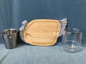 A Harrods turkey carving platter with chromed mounts; and two contemporary ice buckets. (3)