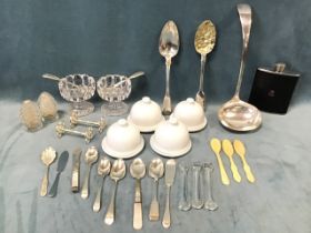 Miscellaneous items including a pair of cut glass faceted salts with spoons, a set of four butter