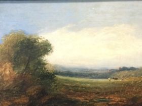 Nineteenth century English school, oil on canvas, extensive landscape with cows and distant village,