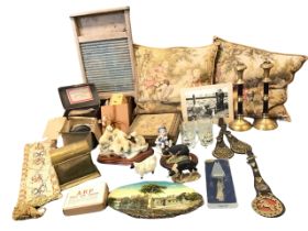 Miscellaneous items - boxed wartime gas masks, a washboard, three resin animal figurines, a brass