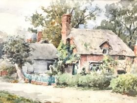 J Whipins, watercolour, country cottage by road, signed, titled Sutton Courtenay, mounted & gilt