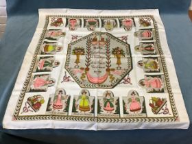 A boxed Hermès white silk scarf titled Huile Parfunee in central octagonal panel, surrounded by