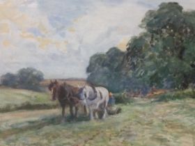 David J Robertson, watercolour, pair of horses in field with figure on plough, signed, mounted &