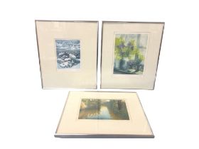 Three contemporary signed, numbered and framed coloured etchings - AW Palmer - Holy Island,