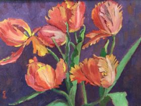 The Duke of Grafton, oil on board, study of tulips, signed with initial, Malcolm Innes Gallery label