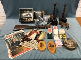 Miscellaneous items - a four-piece Piquot Ware teaset, playing cards, a chess set, a boxed set of