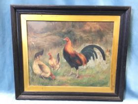 Nineteenth century oil on canvas, cockerel & hens in landscape, unsigned, in ribbed ebonised frame