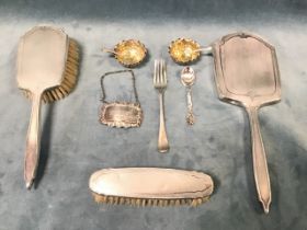 Miscellaneous hallmarked silver - a three-piece ladies dressing table set with engine turned