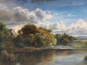 Herbert Edward Butler, a C19th oil on canvas river landscape with trees and building, signed with