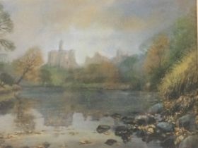 Robert Turnbull, pastel, study of Warkworth Castle and the Coquet, signed, mounted & framed. (15.5in