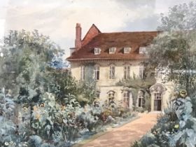A C20th watercolour, country house & garden, unsigned, mounted & gilt framed. (12.75in x 9.25in)