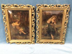 A pair of Victorian crystoleums depicting two girls in garden landscapes, under convex glass with