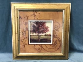 J McMannon, a square landscape print with trees, signed in print, box mounted with scrolled faux