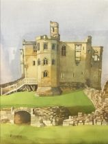 R Quickfall, watercolour, study of Warkworth Castle, signed, mounted & framed. (13.75in x 18.5in)
